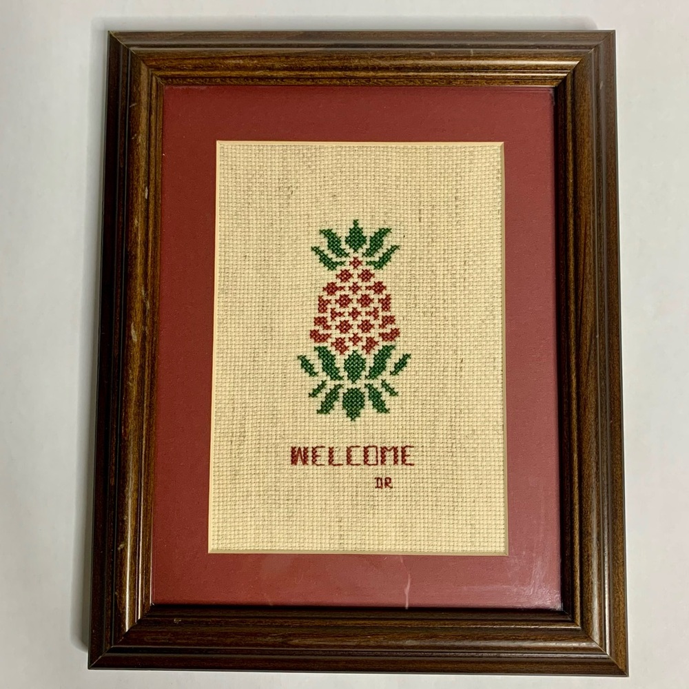 Vintage Custom Framed Pineapple Welcome Cross-Stitch Needlepoint Art